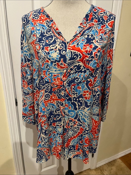 Zara Tops - Zara Navy, Red & Light Blue Floral Paisley Blouse